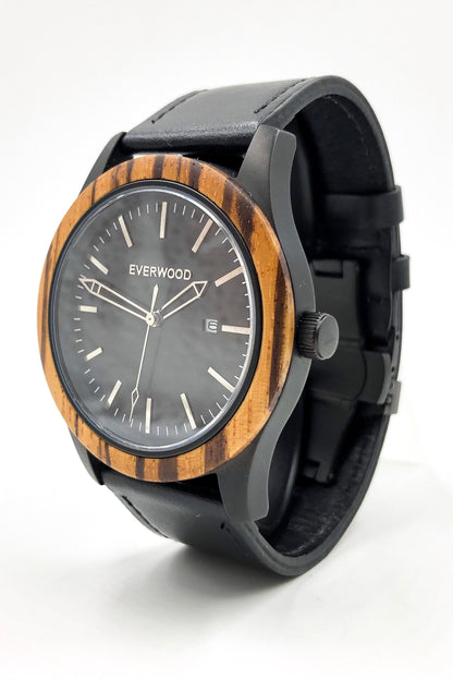 Inverness - Zebrawood Bezel With Black Leather Band