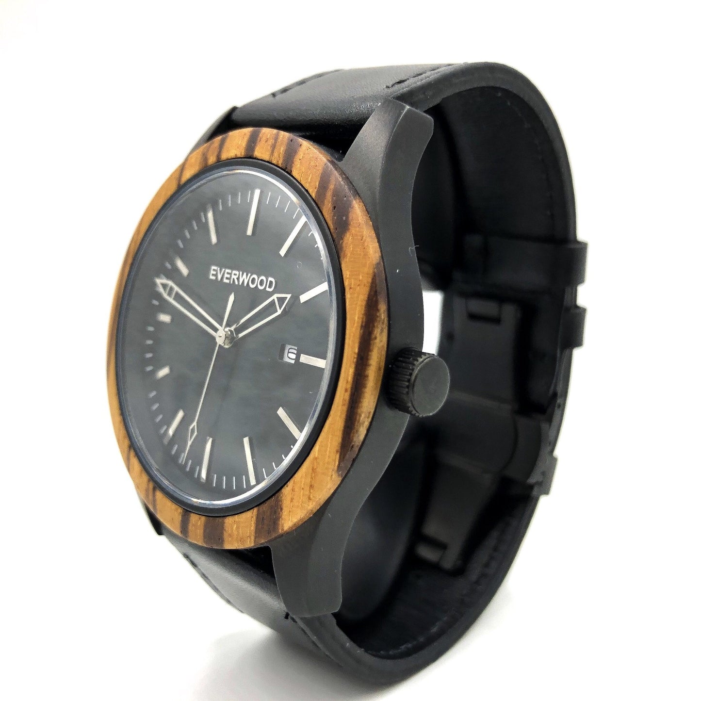 Inverness - Zebrawood Bezel With Black Leather Band