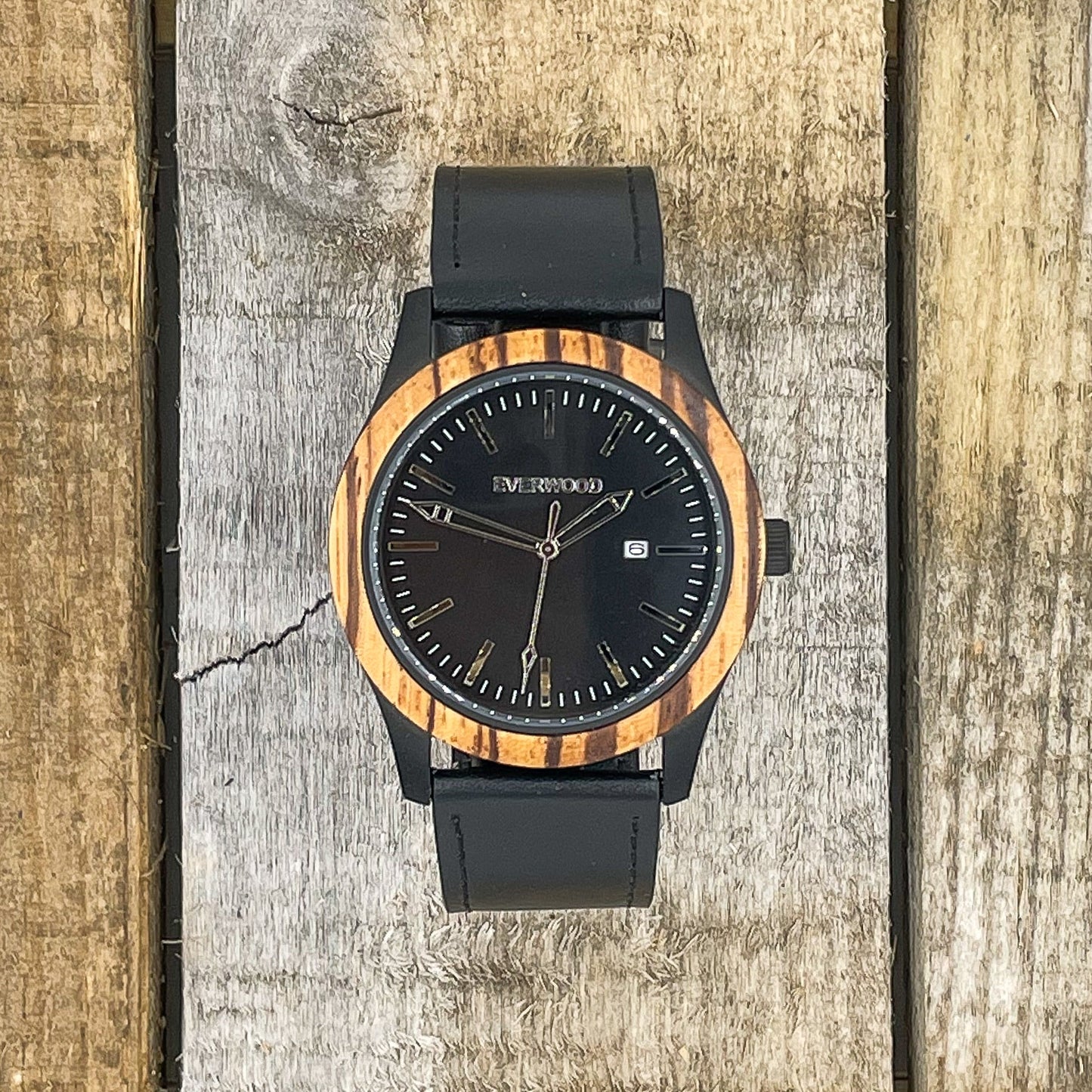 Inverness - Zebrawood Bezel With Black Leather Band